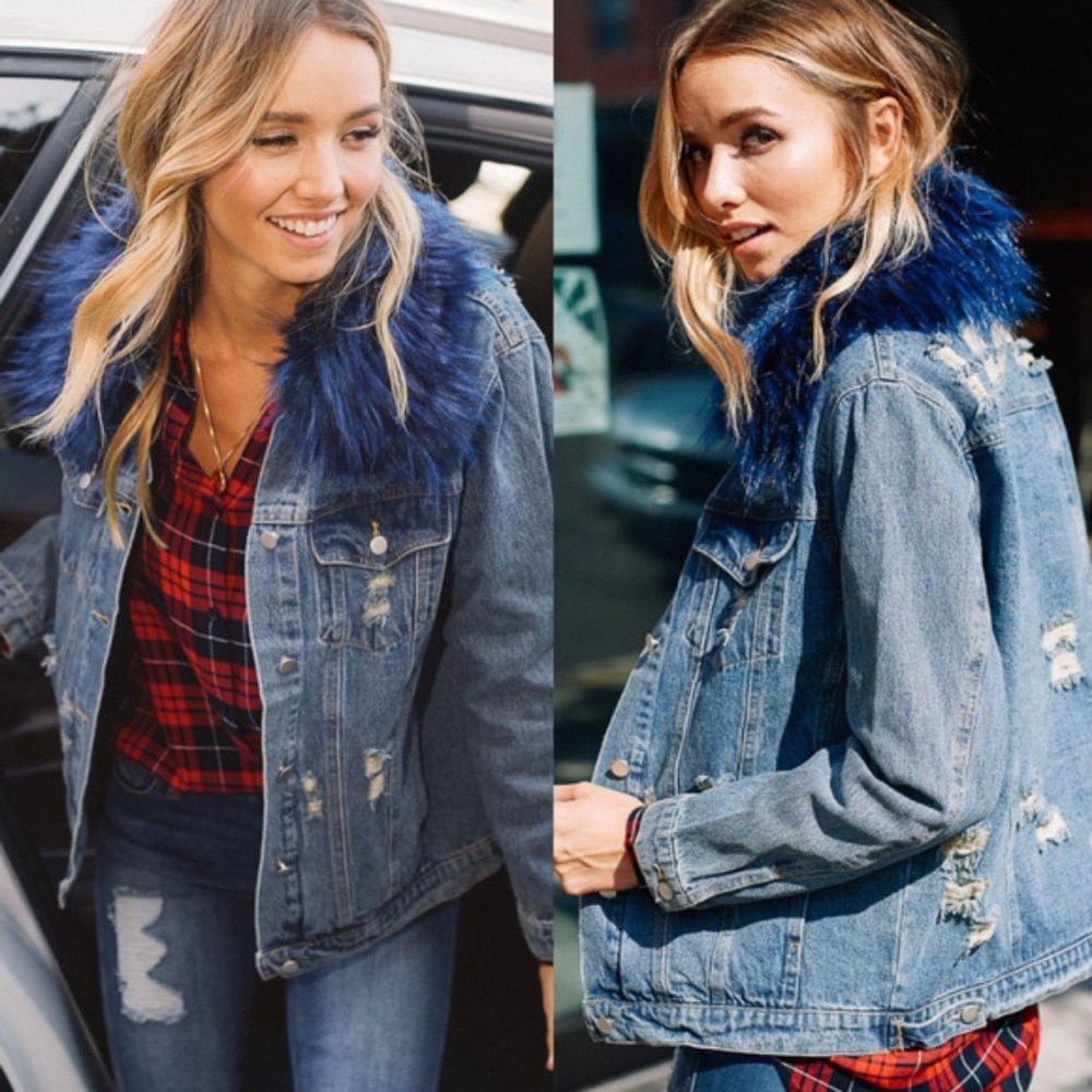 blue fur  Chic Distressed denim jean jacket - Picture 3 of 3